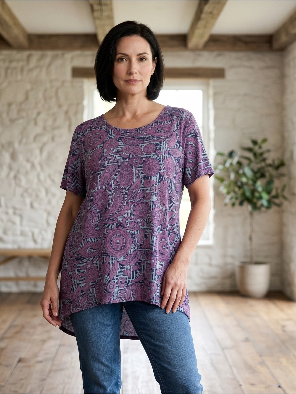 LuLaRoe Purple Floral Paisley Short-Sleeve Tunic Top